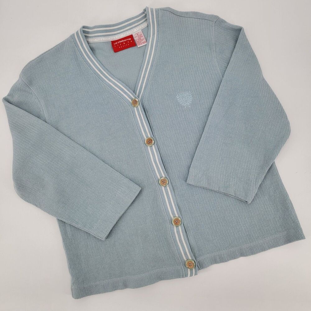 Liz Claiborne Womens Sp Lt. Blue V-Neck 100% Cotton Button 3/4 Sleeve Cardigan
